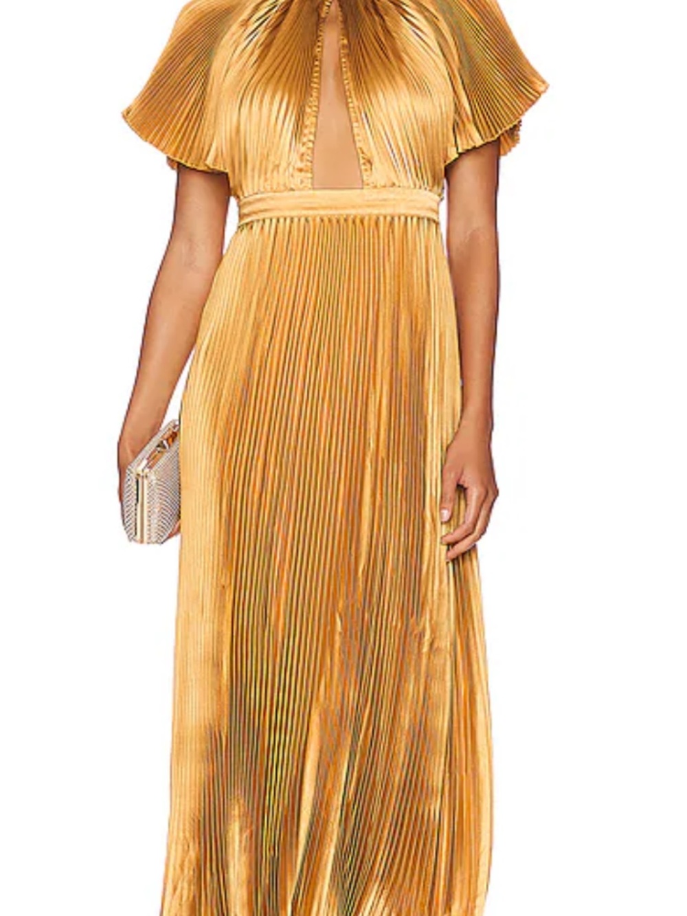 Gold Pleated Maxi Dress with Flutter Sleeves - Picture 3 of 8
